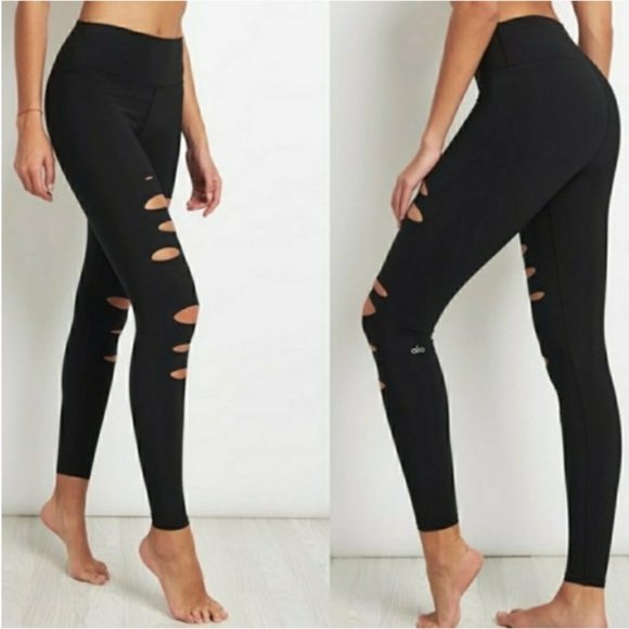 Alo Yoga High Waist Ripped Warrior Leggings Black S - Picture 2 of 16